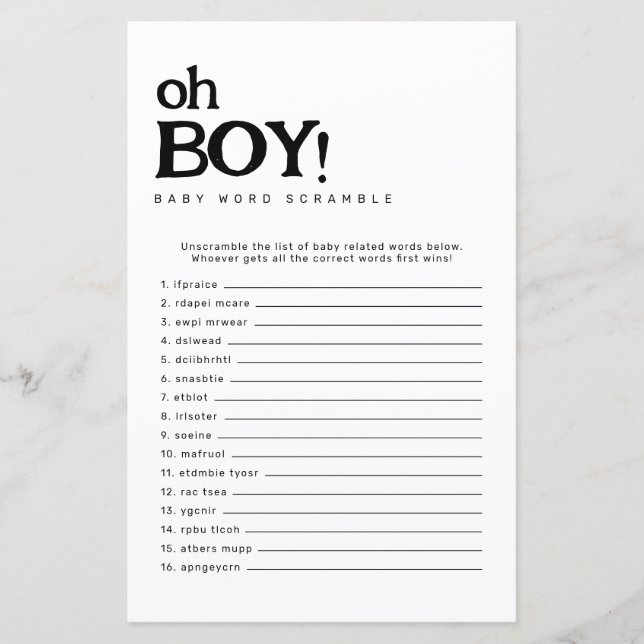 Oh Boy Minimalistisches Word Scramble Baby Showspi (Vorderseite)