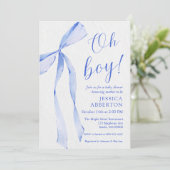 Oh boy! Modern Blue bow baby shower Einladung (Stehend Vorderseite)