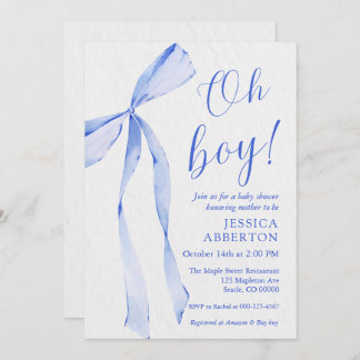 Oh boy! Modern Blue bow baby shower Einladung