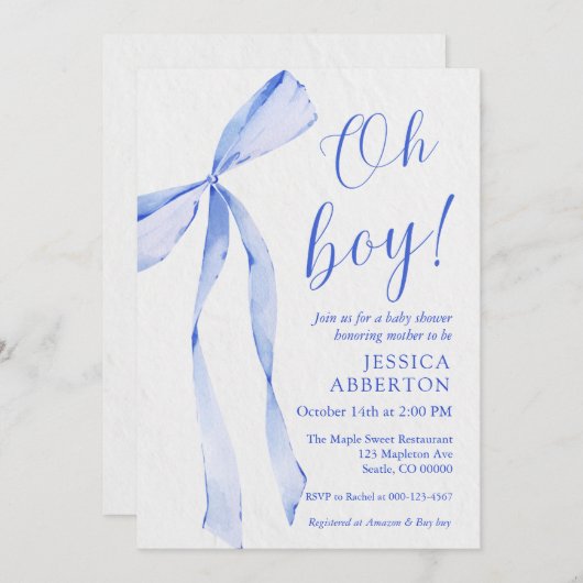 Oh boy! Modern Blue bow baby shower Einladung (Vorne/Hinten)