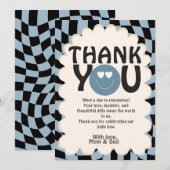 Oh Boy! Modern Groovy Blue Happy Face Baby Shower Dankeskarte (Vorne/Hinten)