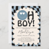 Oh Boy! Modern Groovy Blue Happy Face Baby Shower Einladung (Vorderseite)