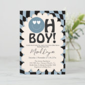 Oh Boy! Modern Groovy Blue Happy Face Baby Shower Einladung (Stehend Vorderseite)