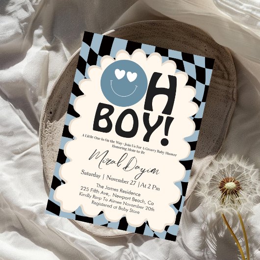 Oh Boy! Modern Groovy Blue Happy Face Baby Shower Einladung