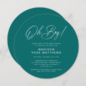Oh Boy Modern Round  Script Teal  Baby Shower   Einladung (Vorne/Hinten)
