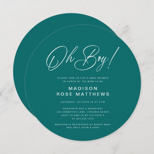 Oh Boy Modern Round  Script Teal  Baby Shower   Einladung (Vorne/Hinten)