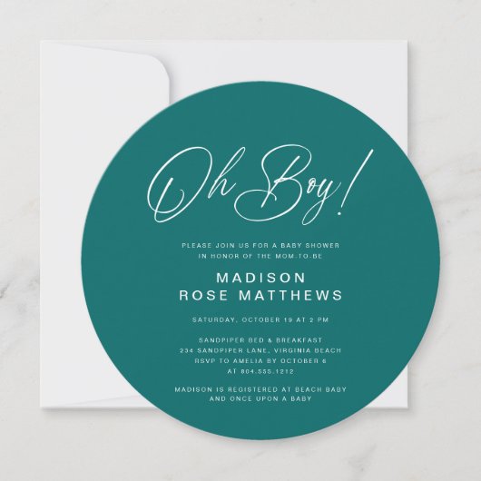 Oh Boy Modern Round  Script Teal  Baby Shower   Einladung (Vorderseite)
