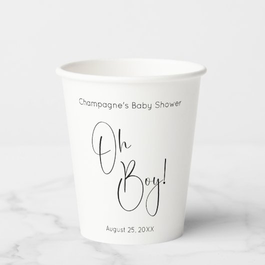 Oh Boy Modern Script Baby Dusche Pappbecher (Vorderseite)