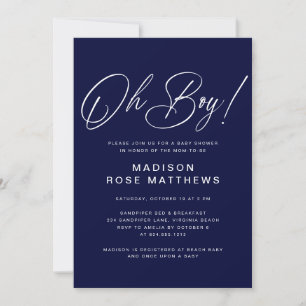 Oh Boy Modern Script Navy Blau Baby Shower  Einladung