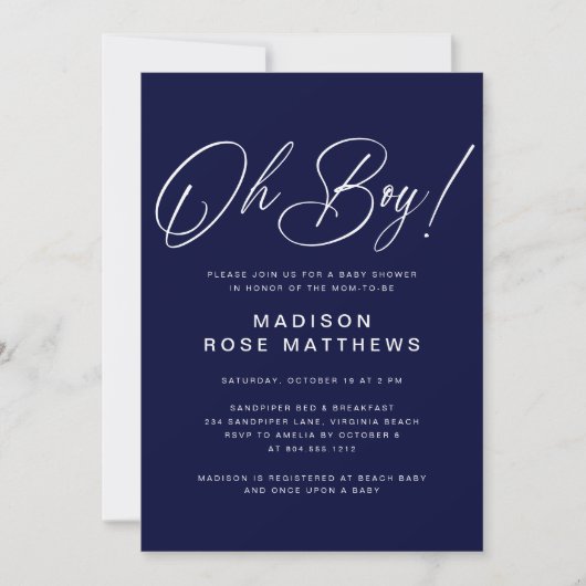 Oh Boy Modern Script Navy Blau Baby Shower Einladung (Vorderseite)