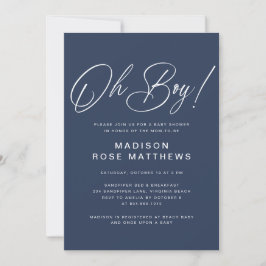 Oh Boy Modern Script Navy Blue  Baby Shower   Einladung