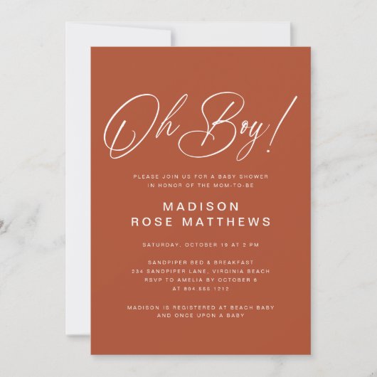 Oh Boy Modern Script Rost Baby Shower Einladung (Vorderseite)