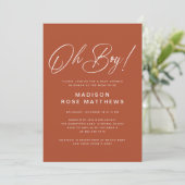 Oh Boy Modern Script Rost Baby Shower Einladung (Stehend Vorderseite)