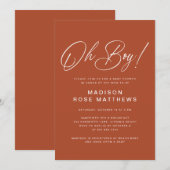 Oh Boy Modern Script Rost Baby Shower Einladung (Vorne/Hinten)