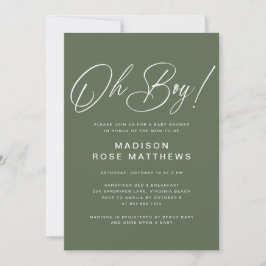Oh Boy Modern Script Sage Olive Baby Shower   Einladung