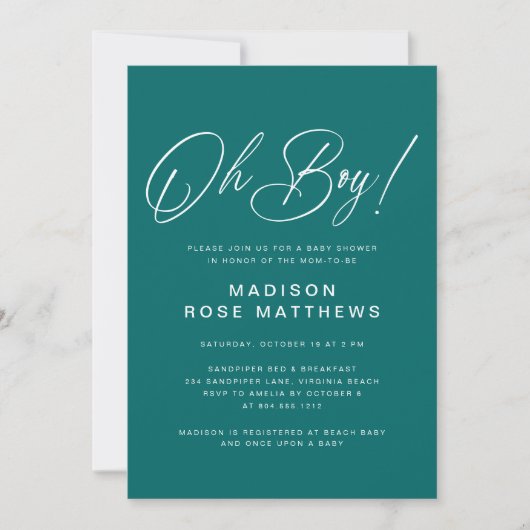Oh Boy Modern Script Teal Baby Shower Einladung (Vorderseite)