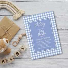 Oh Boy Modern Simple Blue Gingham Boy Baby Dusche Einladung