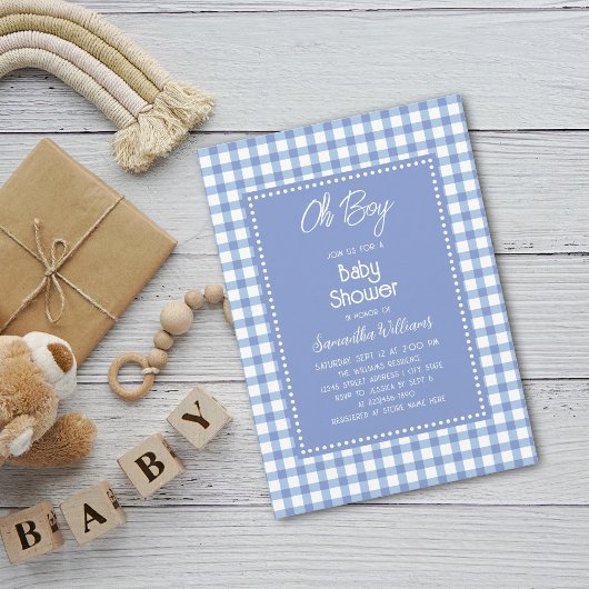 Oh Boy Modern Simple Blue Gingham Boy Baby Dusche Einladung