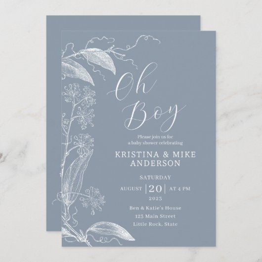 Oh Boy Modern Simple Dusty Blue Boy Baby Dusche Einladung (Vorne/Hinten)
