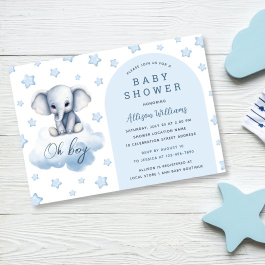 Oh Boy | Moderne Blue Elephant Boy Baby Dusche Einladung