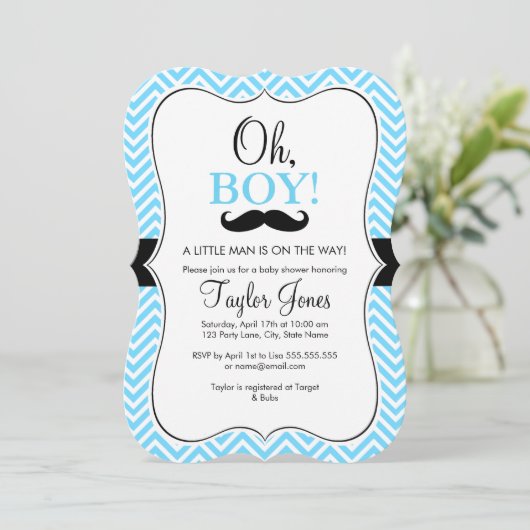 Oh Boy Mustache Baby Dusche einladen / Blau & Schw Einladung (Stehend Vorderseite)