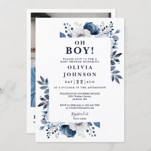 Oh Boy Navy Blue Floral Foto QR Baby Dusche Einladung