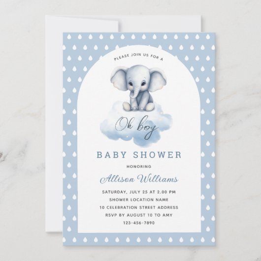 Oh Boy | Niedlich Moderne Elephant Boy Baby Dusche Einladung (Vorderseite)