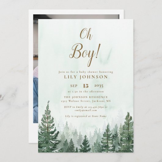 Oh Boy Pine Tree Forest Baby Shower Foto Einladung (Vorne/Hinten)