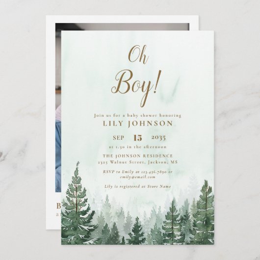 Oh Boy Pine Tree Forest Baby Shower Foto QR Code Einladung (Vorne/Hinten)