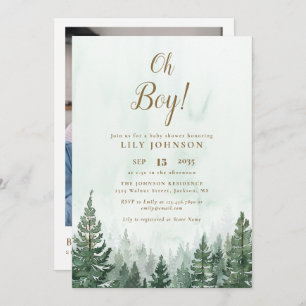 Oh Boy Pine Tree Forest Baby Shower Foto QR Code Einladung