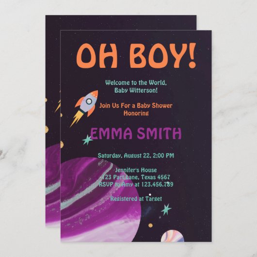 Oh Boy Planets Weltraumdusche Einladung (Vorne/Hinten)