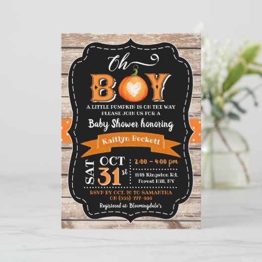 "Oh Boy" Pumpkin Baby Dusche Einladung (Stehend Vorderseite)