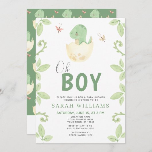 Oh Boy QR Code Niedlich Green Dinosaur Baby Dusche Einladung (Vorne/Hinten)