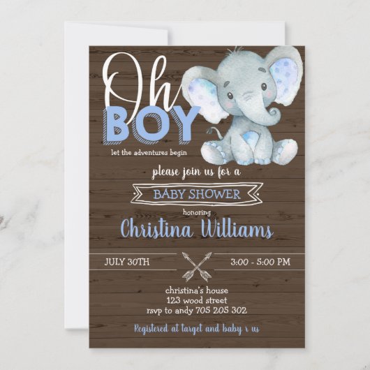 Oh Boy Rustic Elephant Baby Boy Wood Baby Dusche Einladung (Vorderseite)
