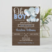 Oh Boy Rustic Elephant Baby Boy Wood Baby Dusche Einladung (Stehend Vorderseite)