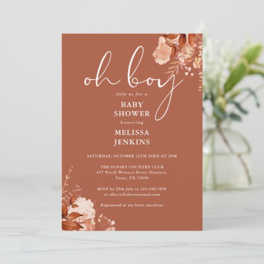 Oh Boy Rustic Floral Herbst Babydusche Einladung (Stehend Vorderseite)