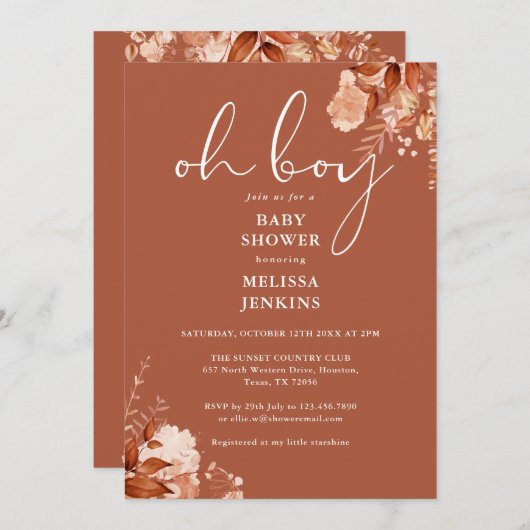 Oh Boy Rustic Floral Herbst Babydusche Einladung (Vorne/Hinten)