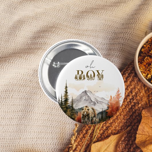 Oh Boy Rustic Woodland Mountain Bear Baby Dusche Button