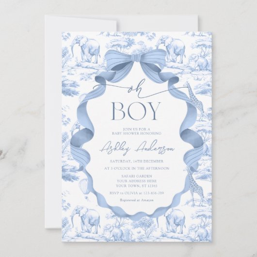 Oh Boy Safari Animal Blue Toile Baby Dusche Einladung (Vorderseite)