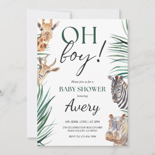 Oh Boy Safari Animals Baby Shower Einladung (Vorderseite)