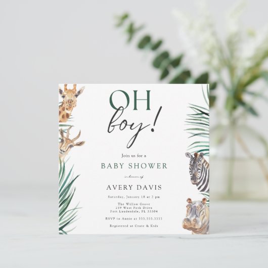 Oh Boy Safari Animals Baby Shower Square Einladung (Stehend Vorderseite)