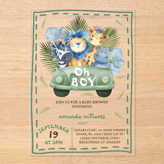 Oh Boy Safari Animals Babydusche Acryleinladungen (Vorderseite)