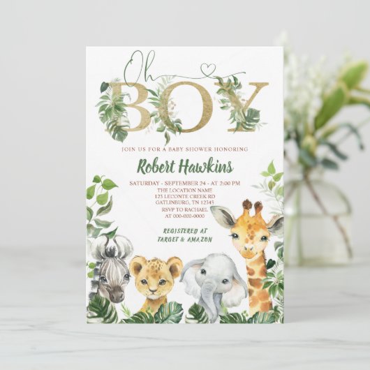 Oh Boy Safari Baby Dusche Einladung (Stehend Vorderseite)