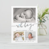 Oh Boy Script Blue Heart Collage Foto Birth Ankündigung (Stehend Vorderseite)
