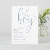 Oh Boy Script Heart Dusty Blue Boy Baby Shower Einladung (Stehend Vorderseite)