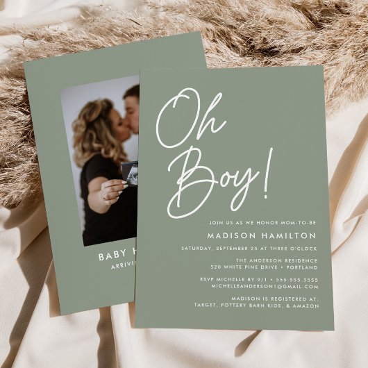 Oh Boy Script Sage Green Foto Baby Dusche Einladung