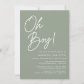 Oh Boy Script Sage Green Foto Baby Dusche Einladung (Vorderseite)