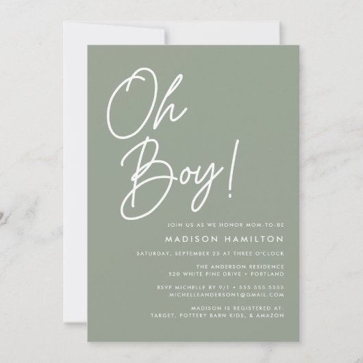 Oh, Boy Script Sage Green Minimalistisch Baby Dusc Einladung (Vorderseite)