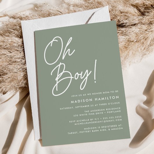 Oh, Boy Script Sage Green Minimalistisch Baby Dusc Einladung