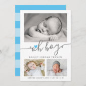 Oh Boy Script Sky Blue Heart Foto Collage Birth Ankündigung (Vorne/Hinten)
